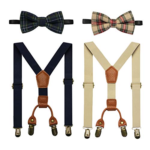 2 Pack Kid Bow Tie and Suspender, Toddler Suspender with Plaid Bow Tie