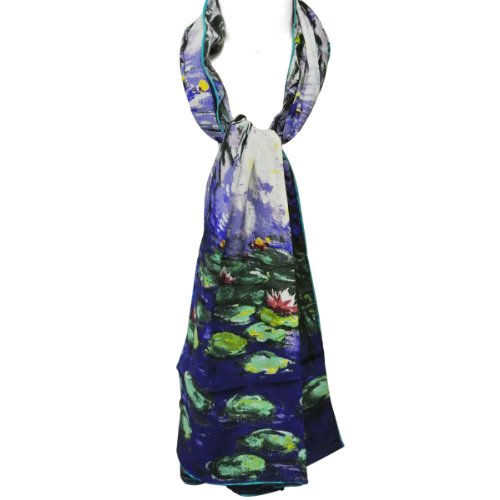 Wrapables Luxurious 100% Charmeuse Silk Long Scarf with Hand Rolled Edges, Claude Monet Nympheas