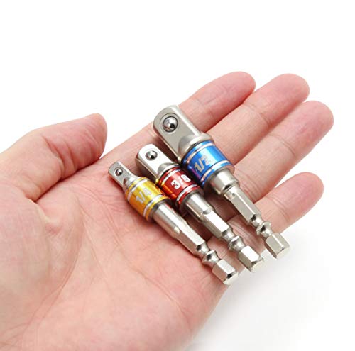 3Pcs 1/4" 3/8" 1/2"Hex Socket Adapter Drill Bits Set,Impact Grade Socket Wrench Adapter Extension Set,105°Right Angle Drill Bit Adapter Attachment 1/4" Drive Hex Magnetic Bit Socket Screwdriver Drill