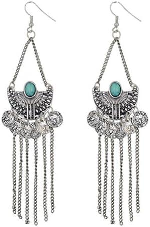 Vintage Tibetan Silver Elegant Carved Turquoise Earrings And Pendant Necklace Earrings Jewelry Set (Coin tassels)