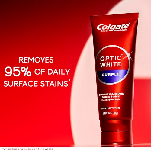 COLGATE OPTIC WHITE PURPLE TOOTHPASTE FOR TEETH WHITENING, HELPS REMOVE SURFACE STAINS AND POLISHES TEETH, ENAMEL-SAFE MINT PASTE, 4.2 OZ