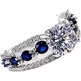 18K White Gold Plated Sapphire Ring 925 Sterling Silver Cubic Zirconia Ring Vintage Crystal Gem Ring Eternal Diamond Engagement Wedding Ring Hollow Royal Blue Zircon Rings (6)
