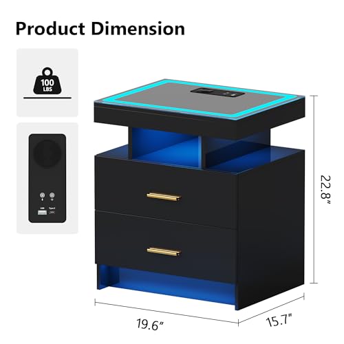 Gurexl Bedside Table with Charging Function, Nightstand with Glass Top and LED Lights, Modern Bedroom Furniture with Two Drawers and Wireless Charging for Bedroom, Living Room, Office, Black