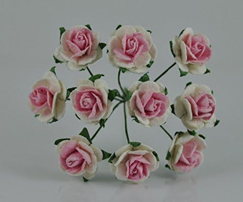 100 White &amp; Pink Mulberry Paper Rose Flower handmade size 1.5 cm. Wedding Card Craft Scrapbook Rose Scrapbook Craft Wedding NO 166