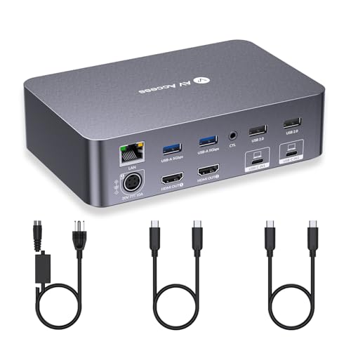 AV Access Docking Station KVM Switch 2 Monitors 2 Laptops, 4K KVM Dual Monitor, 2 USB C MST Ports, 60W PD for Each PC, 1G Ethernet, EDID Emulation, 2K @ 144Hz, 1080P@240Hz, Ideal for Home Office & Gaming