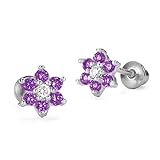 Sterling Silver Rhodium Plated Flower Purple Screwback Baby Girls Earrings