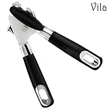 Stainless Steel Can Opener - Lid Lifter, Bottle Opener - Easy To Turn Knob - Long, Comfortable Handles - Sharp Cutting Disc - Manual - Silver And Black - For Kitchen, Restaurant, Camping