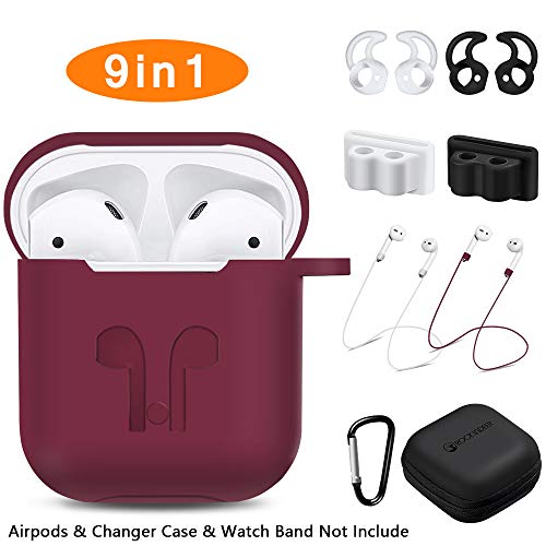 AirPods Case, Rockindeer 9 in 1 AirPods Accessories Set Protective Silicone Cover Skin Compatible Apple AirPods Charging Case with Watch Band Holder/Ear Hook/Keychain/Strap/Carrying Box (Burgundy)