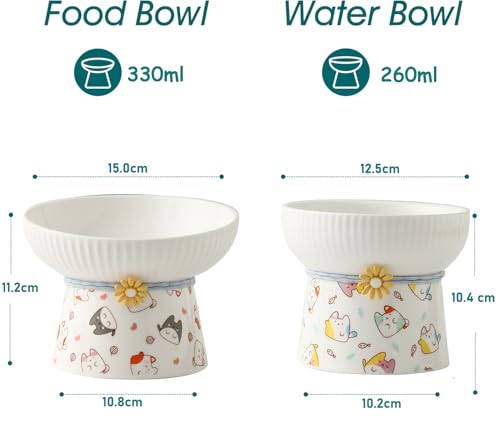 2 Pcs Elevated Ceramic Cat Bowl Raised Height Cats Feeder for Dry Wet Food & Water Anti Vomit Neck Protective Whisker Fatigue Relief Cat Food Bowls Non-Slip Pet Feeding Dish for Cats & Small Dogs
