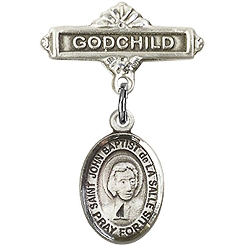 Sterling Silver Baby Badge with St. John Baptist de la Salle Charm and Godchild Badge Pin 1 X 5/8 inches