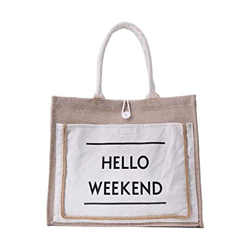 DZTZ Hello Weekend Women's Linen Handbag Large Capacity Casual Weekend Shopping Bag Tote Handbag Work Bag (L, White) - Thumbnail 6