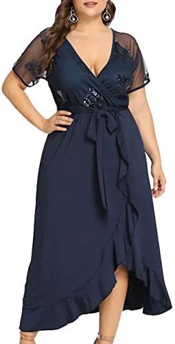 Women's Vintage Flare Sequin Top Cross V-Neck Short Sleeve Cocktail Formal Maxi Dress