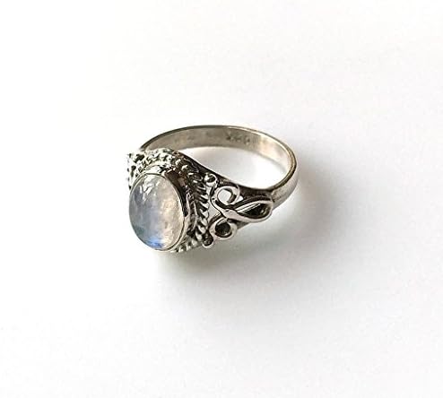 Shanya Sterling Silver Ethnic Ring Rainbow Moonstone, made of Solid Silver and genuine Rainbow Moonstone, each ring is individually handcrafted. The stone size is 6 X 8 mm. Design LHCRM. UK Size.