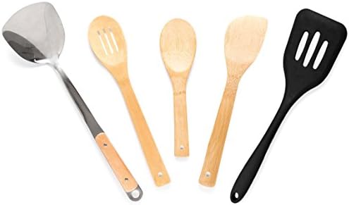 5-piece Bamboo Wok Cooking Set Perfect for Every Chef- Superior Quality, Made with Bamboo, Wok Spatula, Silicone Spatula, Bamboo Wok Spoons and Paddle for Cooking/Stir Frying Your Favorite Foods