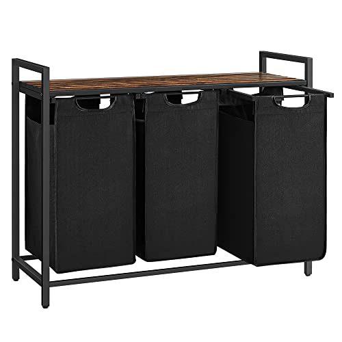 VASAGLE Cesto para Ropa Sucia, Cesta Colada, 3 Bolsas Colada de Tela Oxford, 3 x 40 L, 92.5 x 33 x 72 cm, Negro Tinta y Marrón Rústico MBLH301B01V1