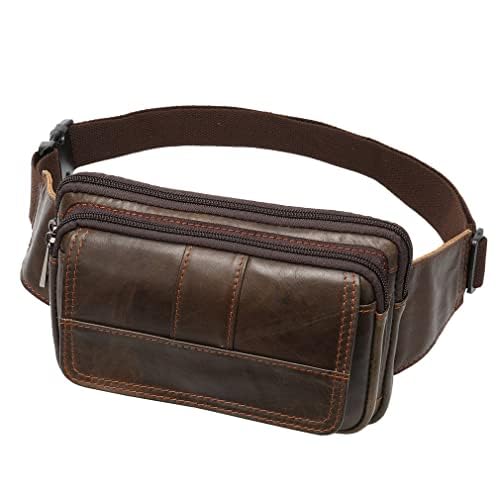 Leather Fanny Pack Waist Bag for Men Women Outdoor Travel Hiking Camping Walking Running Hip Bum Belt Slim Cell Phone Purse Wallet Pouch, Brown