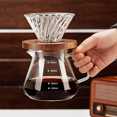 HOOPZOZA V60 Coffee Pot 600mL Pour Over Coffee Maker Set Glass Drip Filter with Tick Marks for Drip Coffee Maker Coffee Dripper (D-600-set)