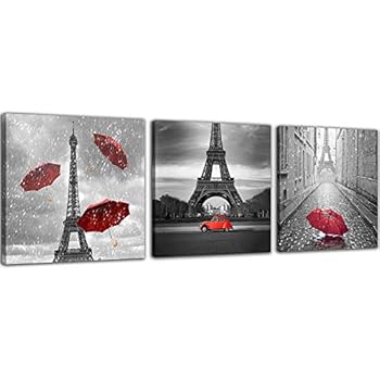 NAN Wind 3 Pcs Paris Canvas Prints Black and White Canvas with Red Umbrella Eiffel Tower Decor Red Car Red Wall Art Paintings on Canvas Stretched and Framed Ready to Hang for Home Decor