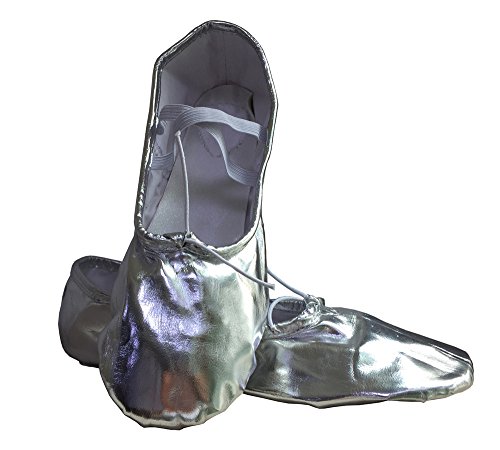 Women's Bright PU Leather Ballet Belly Slippers Ballroom Dance Shoes with Suede Split-Sole(12, Silver) - Thumbnail 6