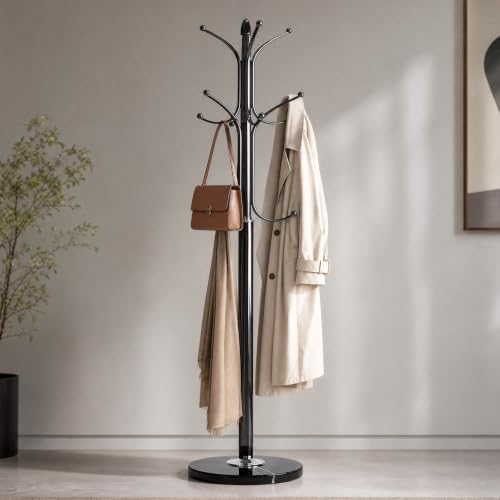 AUTOYSUR Metal Coat Rack Stand with Natural Marble Base, Tree Coat Rack Stand, Free Standing Hall Tree with 12 Hooks for Hanging Scarf, Bag, Jacket, Home Entry-way Hat Hanger Organizer (Black)