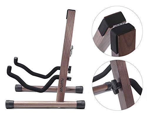 PlutuX Wood Guitar Stand for Acoustic, Electric, Classical, Bass Guitar Portable Guitar Stand Holder Music Instrument Stand Floor Nature Black Walnut - Thumbnail 4