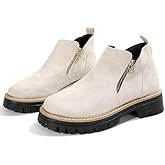 BANGTEUO Chunky Heel Ankle Boots For Women Suede Comfy Platform Lug-Sole Round Toe Short Booties With Side Zipper Casual Vintage Shoes