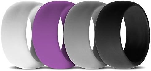 Silicone Wedding Rings for Women, Band - Set of 4 - Purple-White-Black-Grey - For Active Lifestyle, Active Women, Athletes Size 7