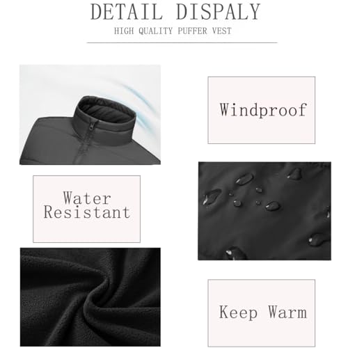 AKuVoL Men's Winter Puffer Vest Outerwear Thick Fleece-Lined Sleeveless Jacket with Zipper for Running Travel Work Black 2XL