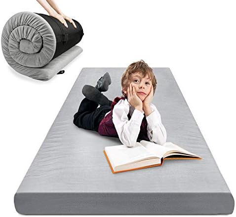 KOMEX Camping Memory Foam Certipur-US Portable Sleeping Pad Roll-Up Guest Bed/Floor Mat Mattress Topper with Removable Waterproof Cover for Travelling