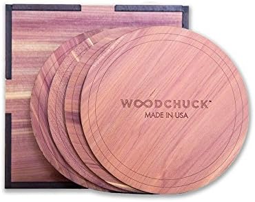 WOODCHUCK Wooden Coasters (Cedar), Set of 4, Handmade in the USA, 100% Real Wood