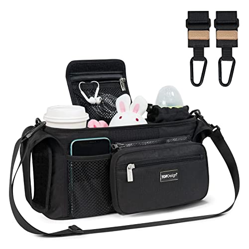 Photo 1 of TOPDesign Universal Baby Stroller Organizer, Stroller Caddy with Heightened Insulated Cup Holders & Non-Slip Secure Hooks Accessories, Fits Most Strollers, Machine Washable (Black)