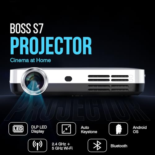 Boss Projector 4K S7 | 7000 Lumens, 3D Android Smart Projector - 3840x2160 Resolution, Free Projector Screen, Free Mount, 300" Display, Bluetooth & Wi-Fi - Home Theater