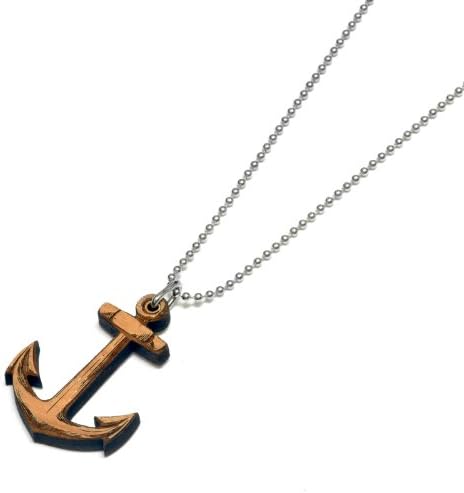 Anchor Wooden Pendant with Steel Bead Necklace SwaggWood Made in USA