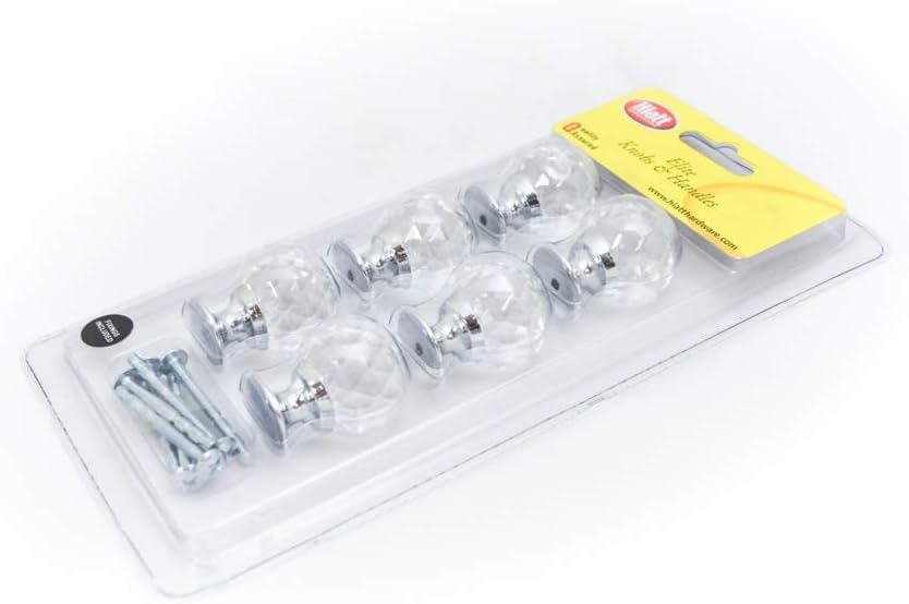 Hiatt Hardware - Faceted Design Glass Cabinet Drawer Knob - 30mm - Pack 6 - Polished Chrome - Fixings Included