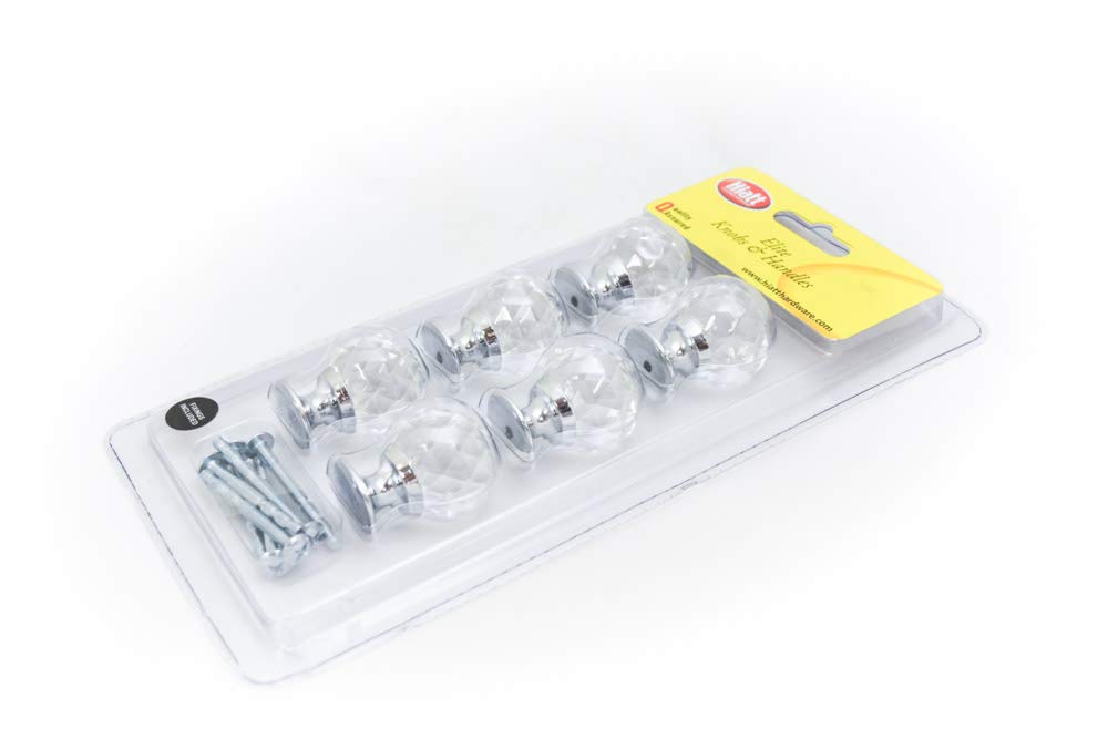 Hiatt Hardware - Faceted Design Glass Cabinet Drawer Knob - 30mm - Pack 6 - Polished Chrome - Fixings Included