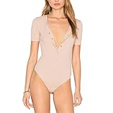 May&Maya Women's Deep Scoop Neckline Button Placket Bodysuit (XL, Beige)