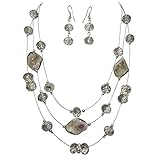 Multi Row Beaded Illusion Wire Lightweight Necklace and Dangle Earring Set (Grey Glass Twist)