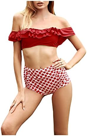 Letuwj Women`s Off Shoulder Ruffle Tops Tankini High Waist Polka Dots Bottom Red Large