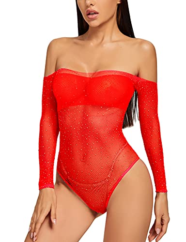 Adove Women Sexy Sparkle Rhinestone Mesh Teddy Fishnet Lingerie
