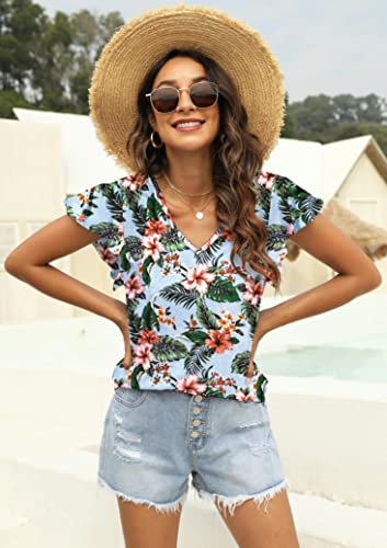 NANYUAYA WOMENS SUMMER TOPS RUFFLE SHORT SLEEVE TSHIRT CASUAL V NECK FLORAL PRINT SHIRT