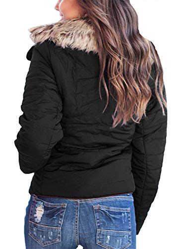 2 CILKOO+Womens+Casual+Fashion+Winter+Solid+Faux+Fur+Collar+Zip+Up+Quilted+Puffer+Jacket+Coat+Outerwear+with+Pockets+Black+US4+6+Small