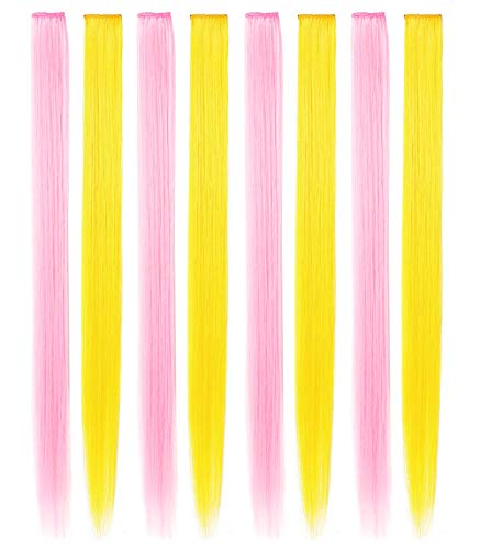 CLDY 6PCS Pink Teal Wig Pieces Colored Hair Extensions Clip in/on Girls&Kids Fashion American Dolls Color Hair Accessories