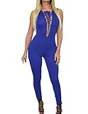 Sexy Womens Lace-up Bust Deep V Neck Key Hole Back Sleeveless Jumpsuit (Medium, Royal Blue)