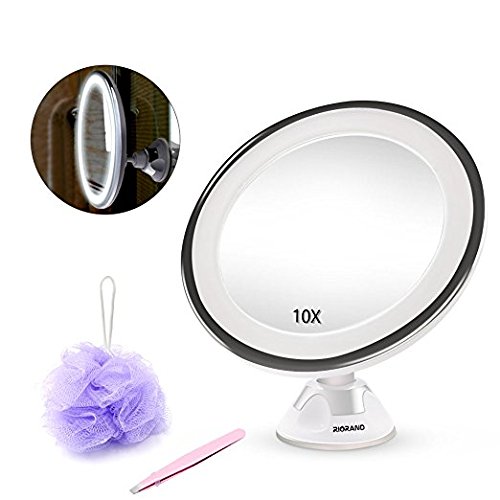 10x Magnifying Vanity Mirror LED Lighted Cosmetic Makeup Shower Mirror with Locking Suction Cup，360 Degree Swivel Rotation，Ideal for Bedroom Bathroom Travel