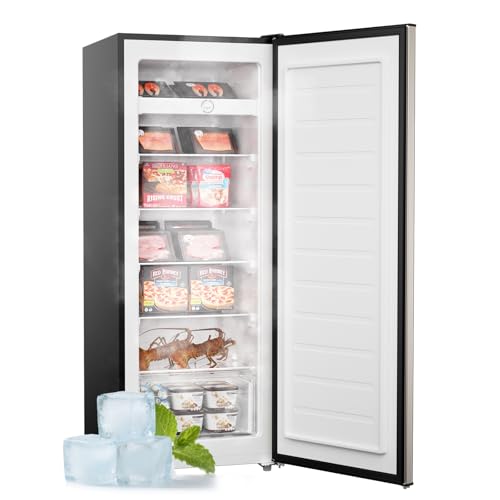Upstreman 7.0 Cu.Ft Upright Freezer, Large Capacity Garage Ready Deep Freezers with 5 Adjustable Shelves, Convertible Refrigerator/Freezer, Reversible Door for Home, Basement, Apartment (Stainless)