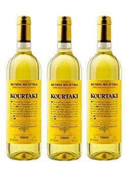 3x 750 ml Retsina Kourtaki Spar Set 12% gehartzter Weißwein Weiß Wein aus Griechenland Attika Savatiao + 1 Probiersachet Oliv