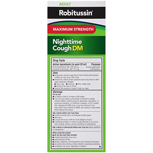 ROBITUSSIN MAXIMUM STRENGTH NIGHTTIME COUGH DM MAX, ADULT FORMULA, BERRY FLAVOR – 8 FL OZ BOTTLE