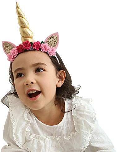 Cute Unicorn Animal Headband Toddler Girls Colorful Ball Felt Flowers Glitter Ears Hair Hoop Urchart (Gold Unicorn)