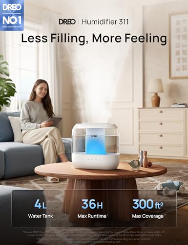 DREO Humidifier for Bedroom Baby, 4L Cool Mist Supersized Humidifiers for Home, 28 dB Quiet Air Humidifier for Room, Oil Diffuser, 36H Runtime, Night Light, Top-Fill, Easy to Clean & Fill, White