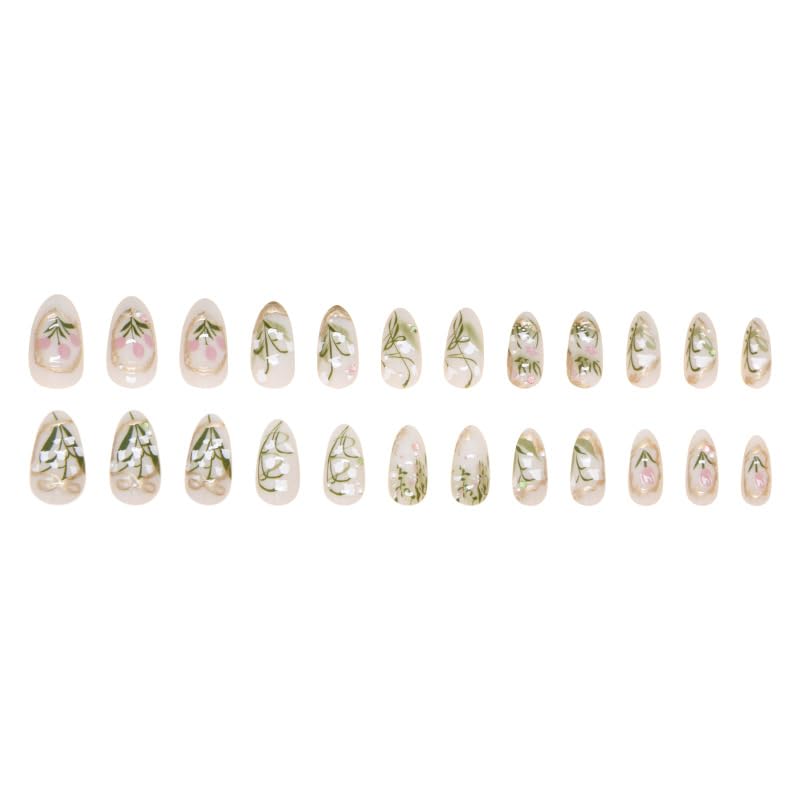 24Pcs Flower Bow Press on Nails Short Almond Fake Nails with 3D Pearl Diamond Design Pink White Flower Full Cover Stick on Nails Handmade Artificial Gradient Glossy Acrylic Nails False Nails for Women - Image 5